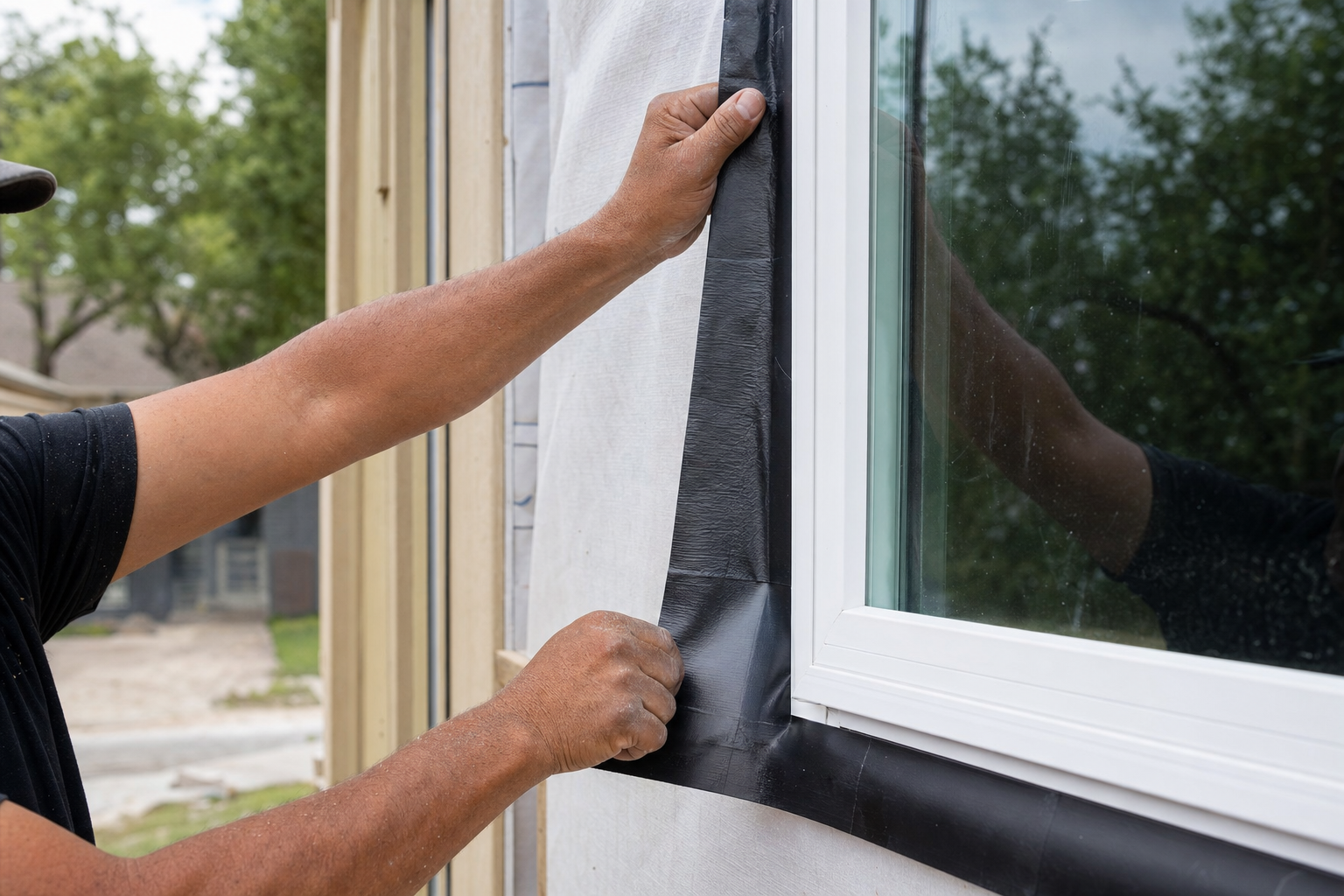 Contractor properly flashing and sealing a replacement window during installation