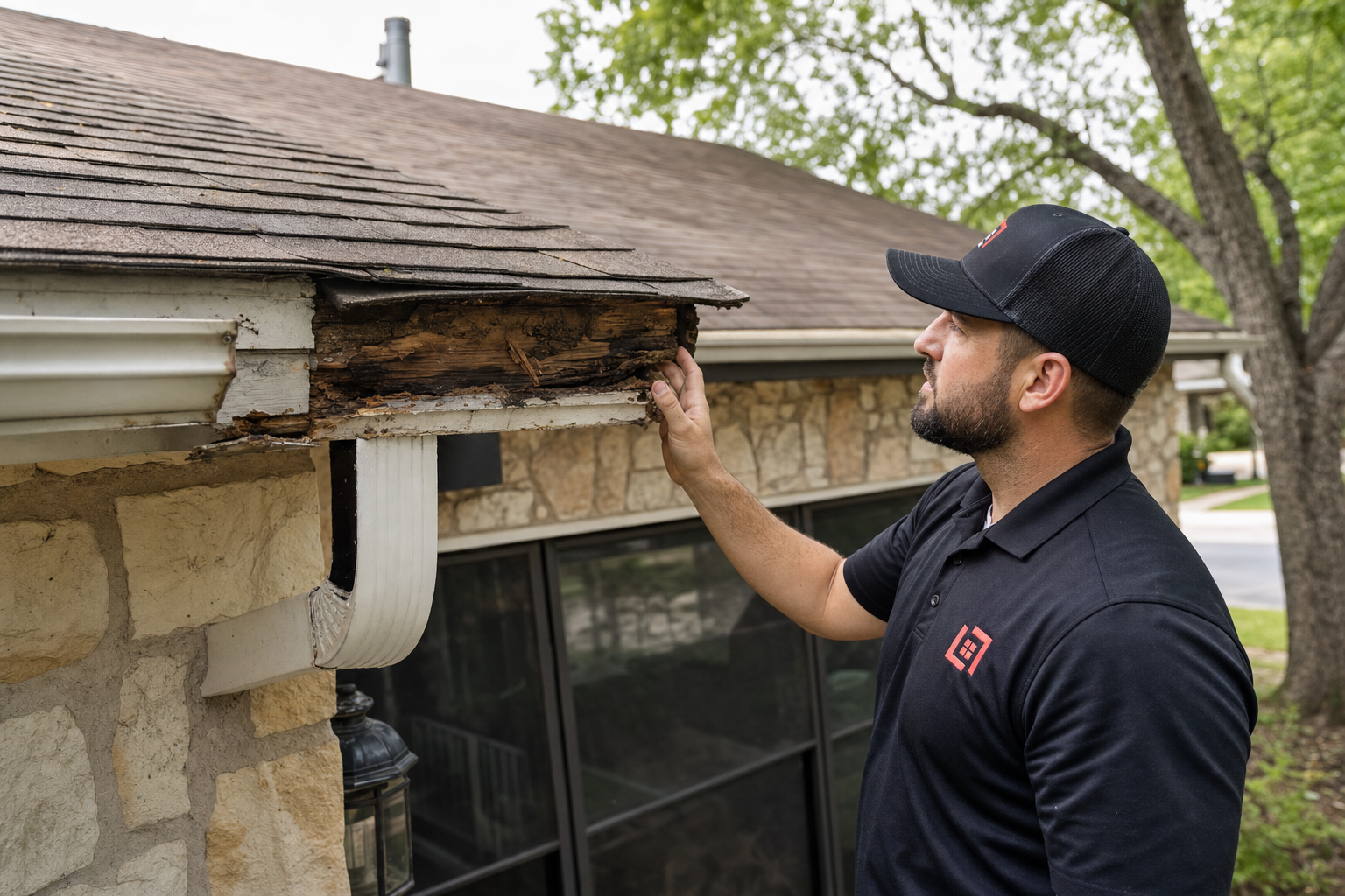 Roofer inspecting rotted fascia board and gutter corner damage along a residential roof edge.