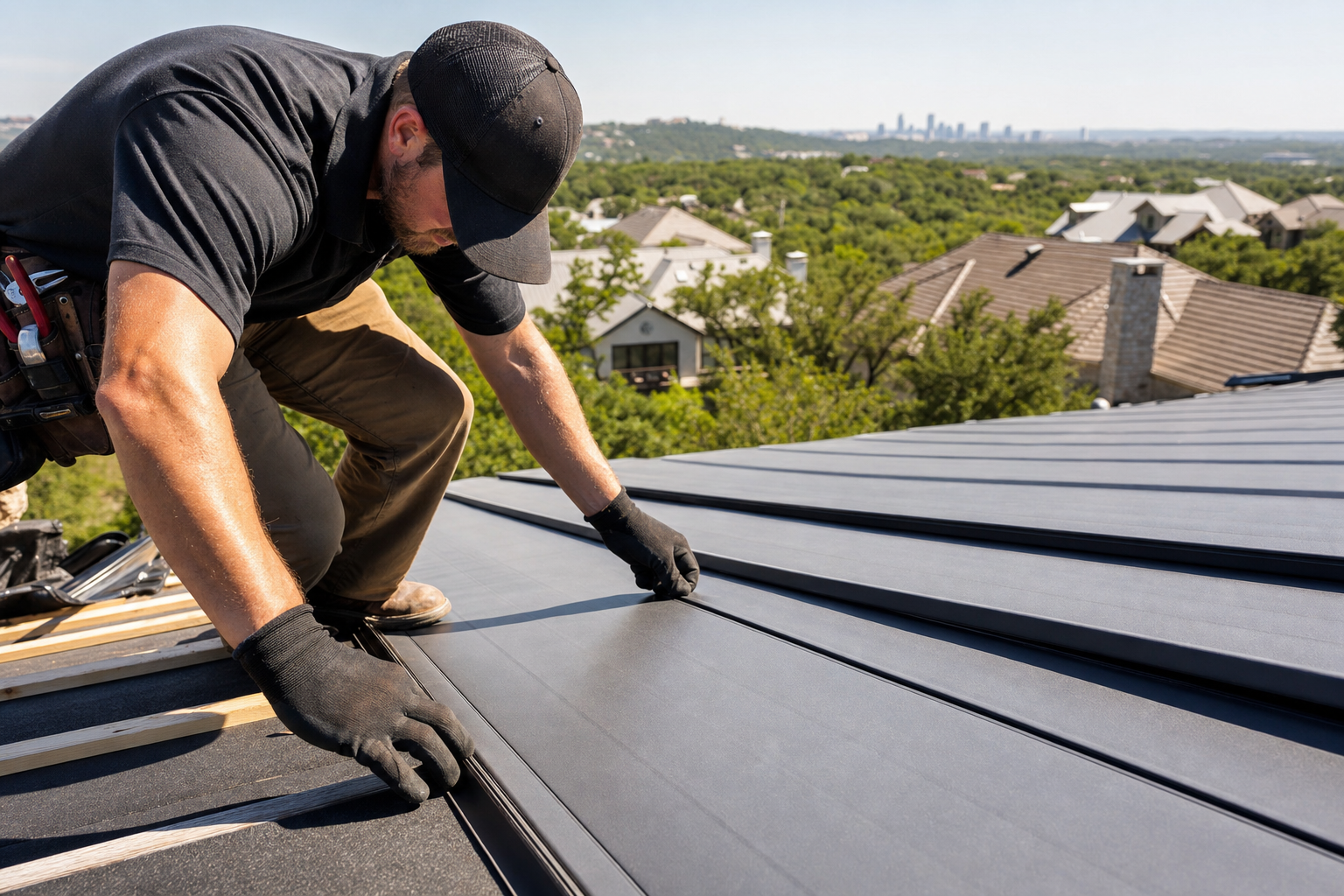 Roofing contractor installing standing seam metal roof panels on a home