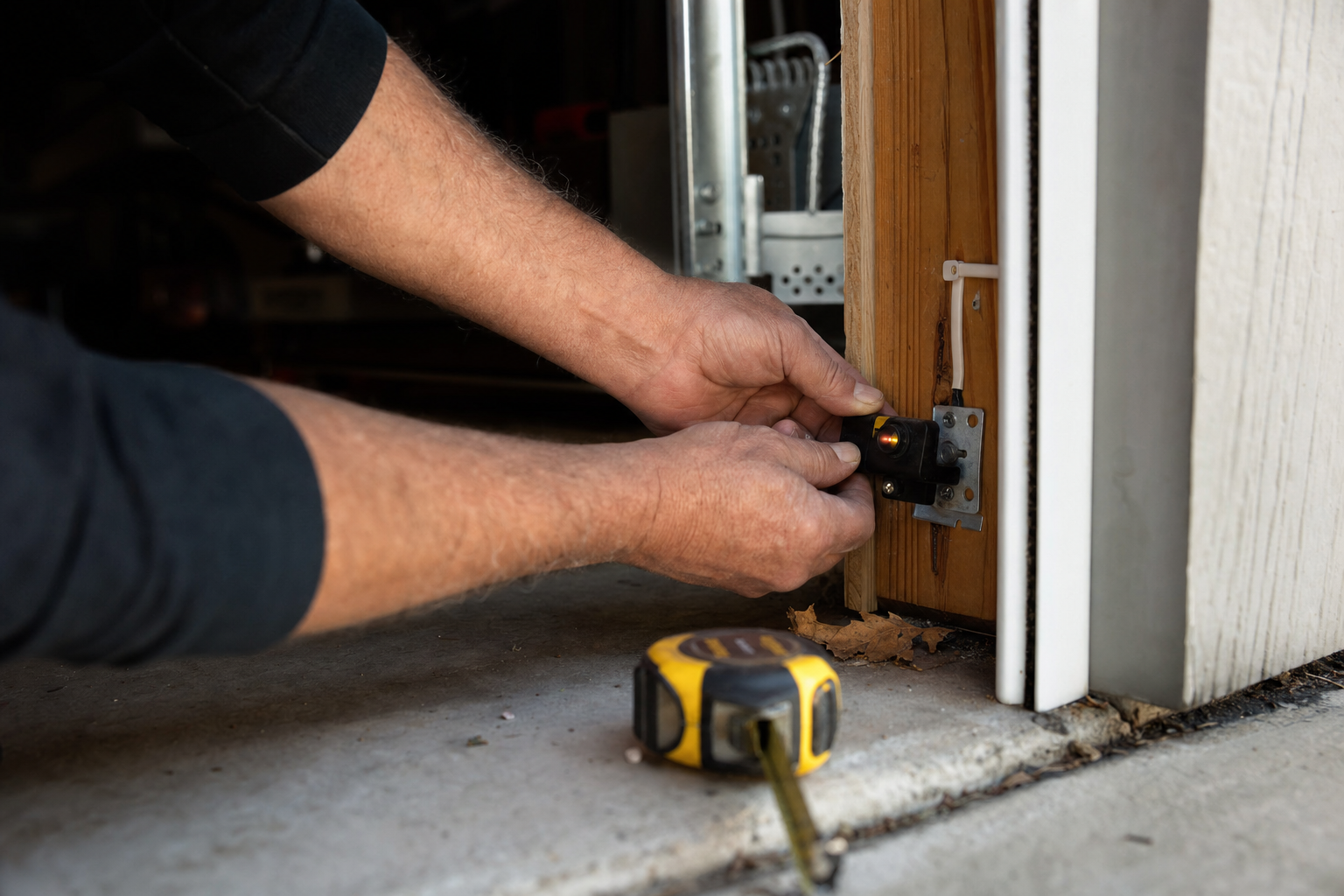 Homeowner inspecting and realigning a garage door safety sensor inside the garage