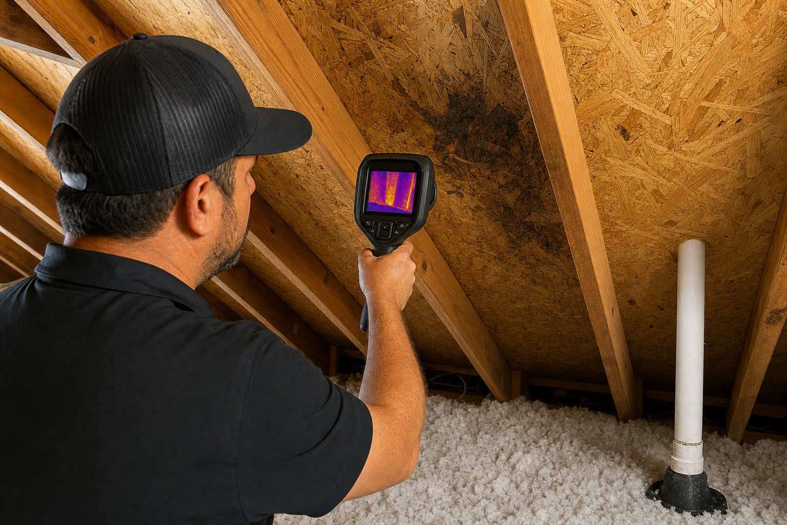 Contractor using a thermal imaging camera in an attic to detect hidden roof leak moisture