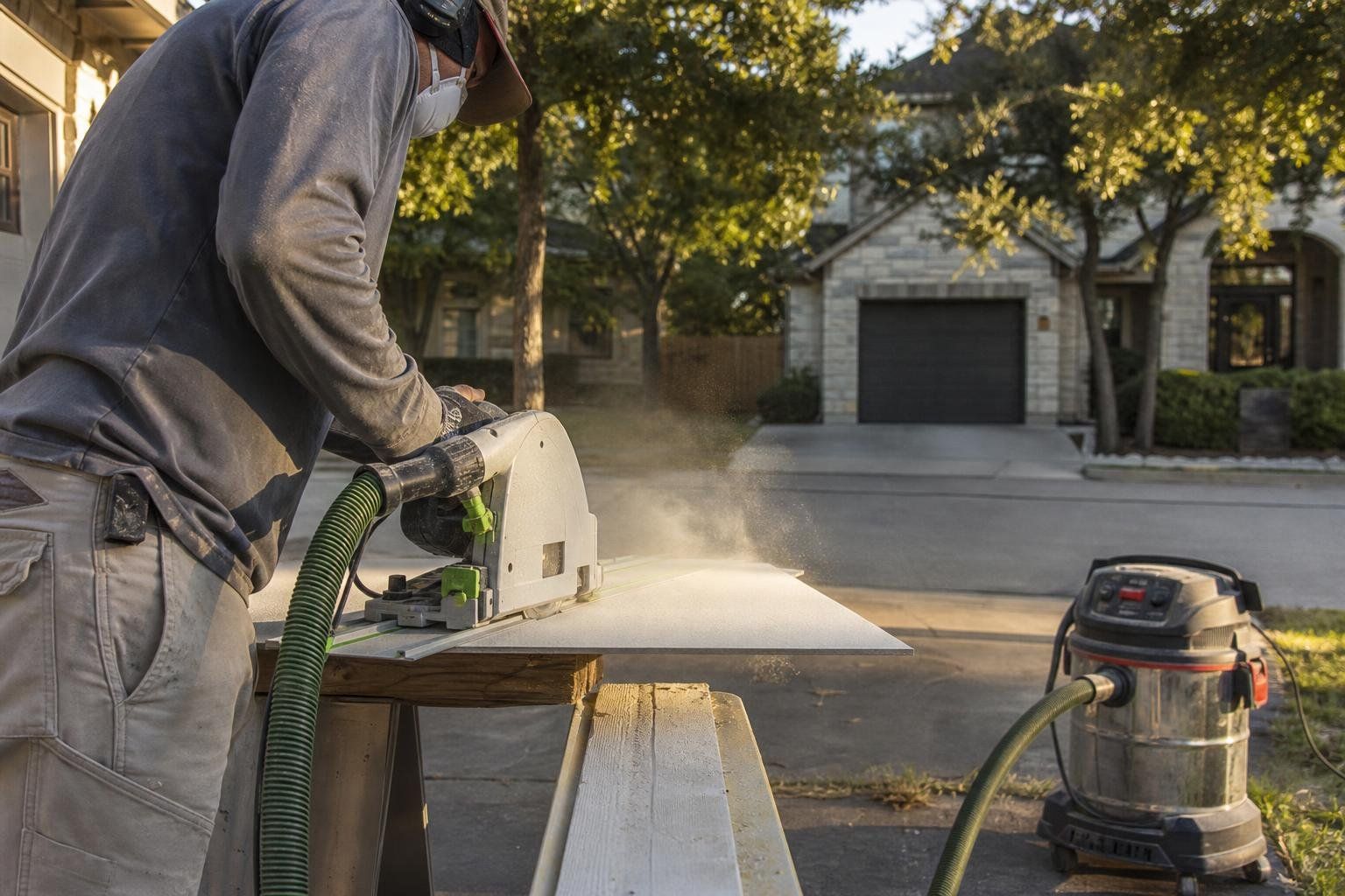 Medium shot of an installer in a dust mask cutting a fiber cement plank with a saw attached to a dust-collection vacuum, outside on a driveway