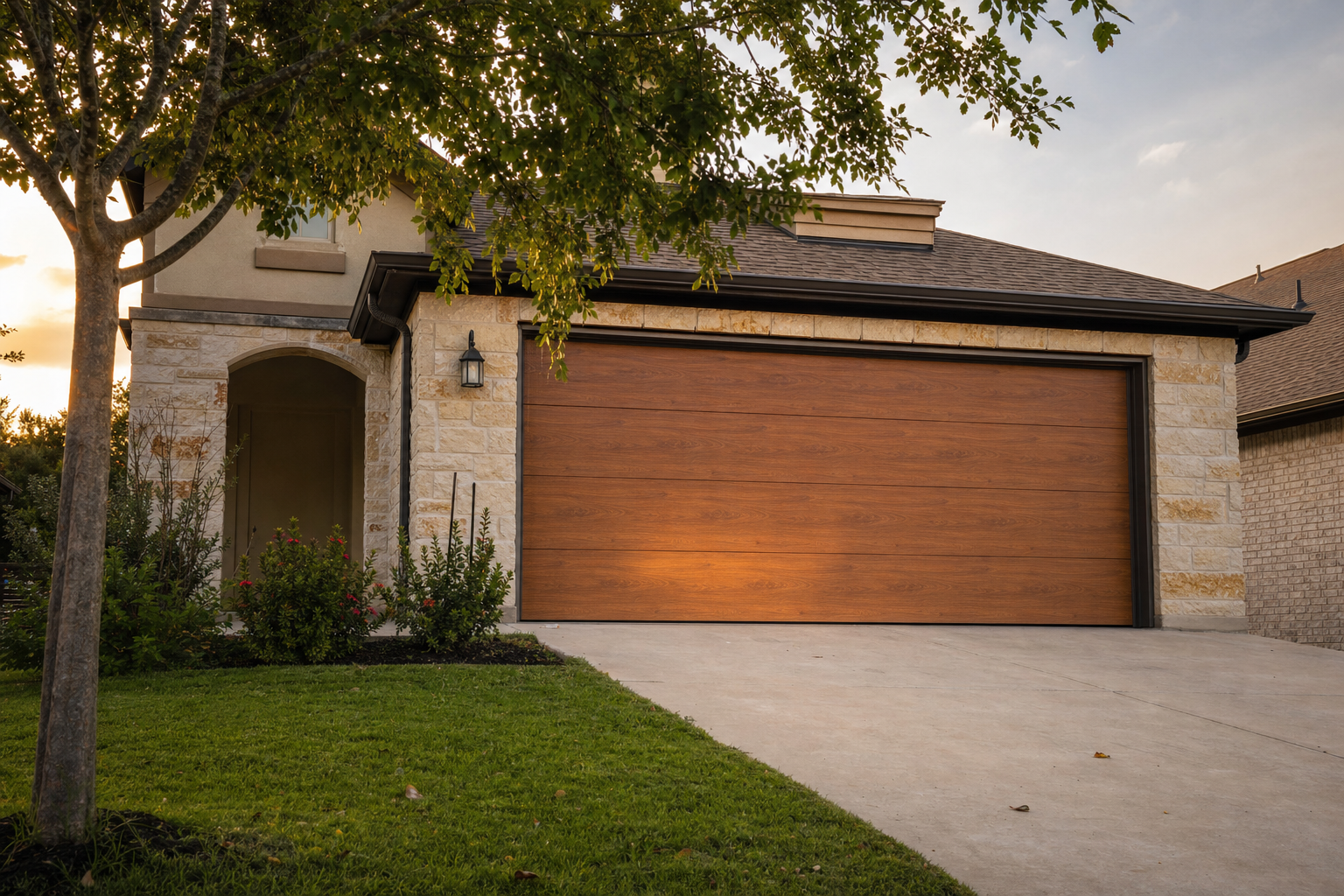 Faux-wood steel garage door with warm wood grain finish on a residential home
