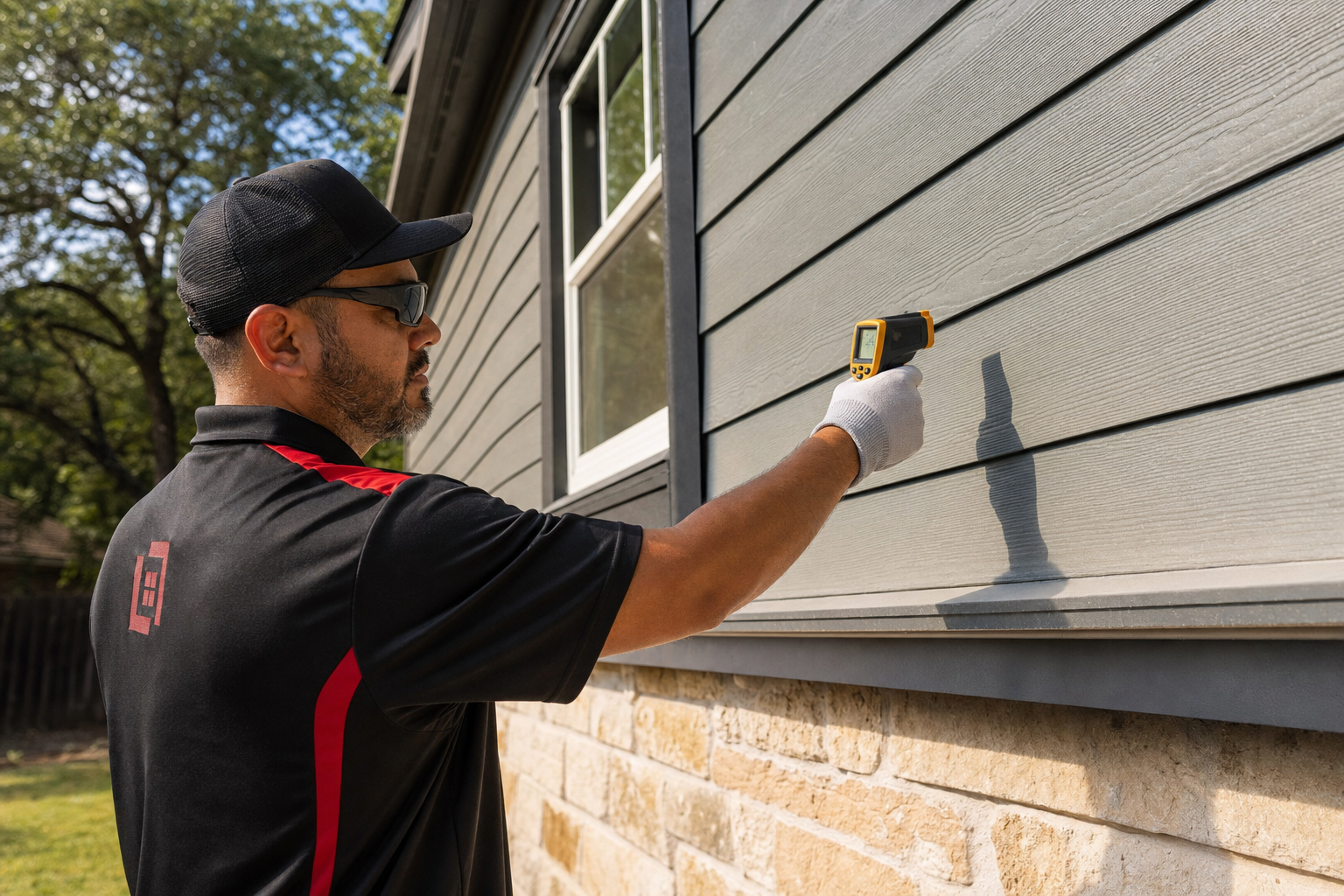 Contractor checking exterior wall surface temperature with an infrared thermometer