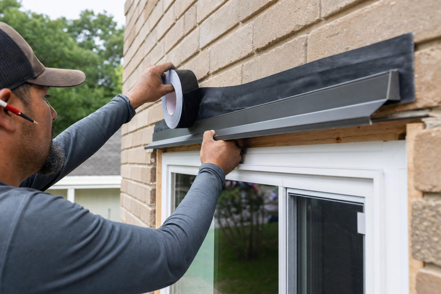 Installer adding window flashing and drip cap on a brick veneer home exterior