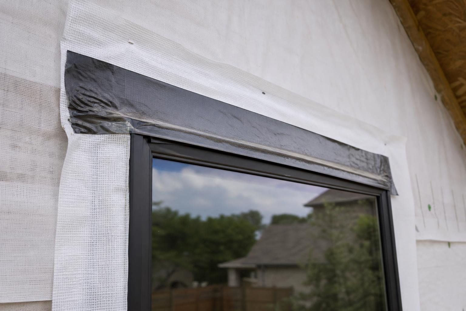 Close-up of a window head on a bare wall, with overlapping house wrap and a strip of metal flashing taped above the frame