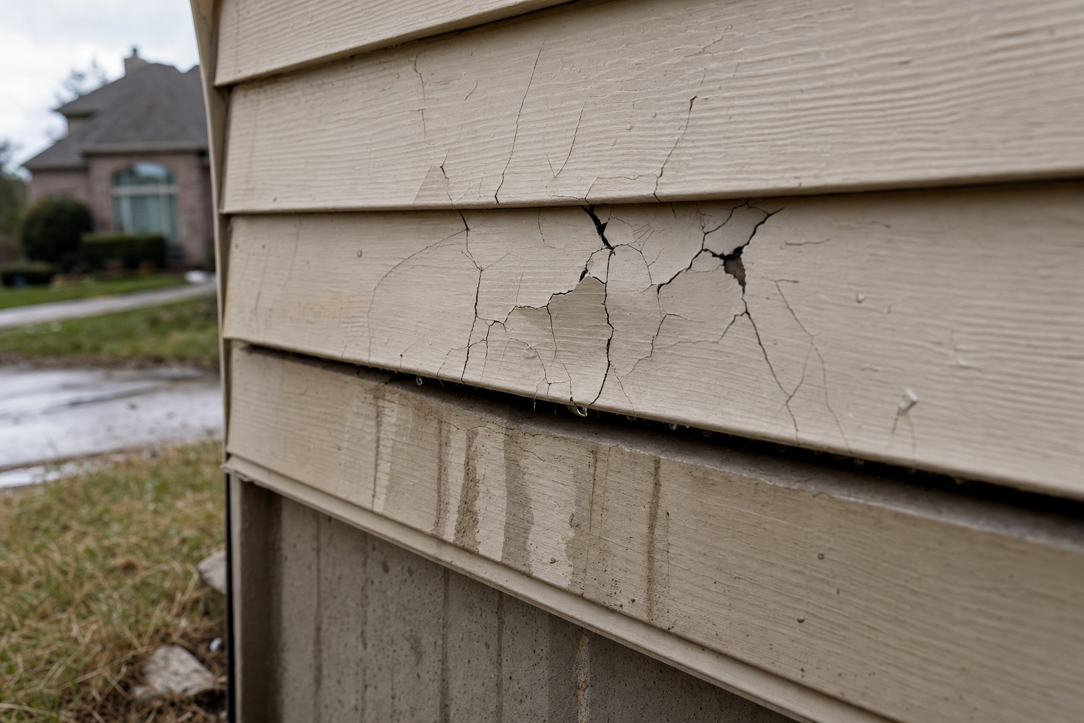 Close-up of hail damage cracking vinyl siding on a Texas home, with dents, fractures, and water streaks below the seam.