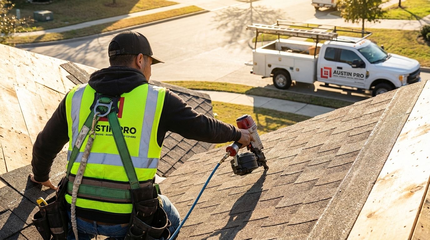 Professional roofing contractor installing high-quality architectural shingles on a Texas home