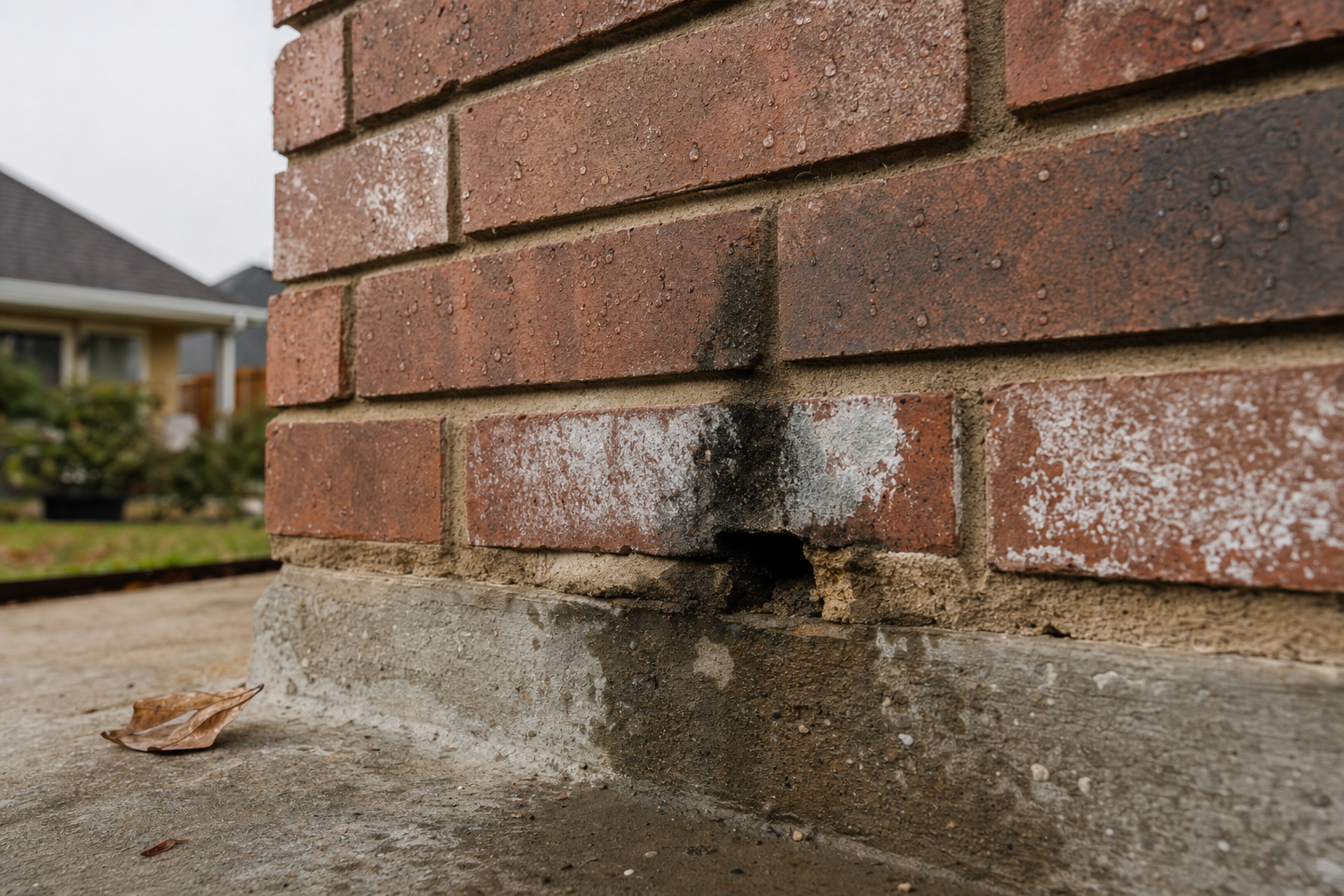 Close-up of brick veneer water damage with efflorescence and staining near a weep hole on an Austin home