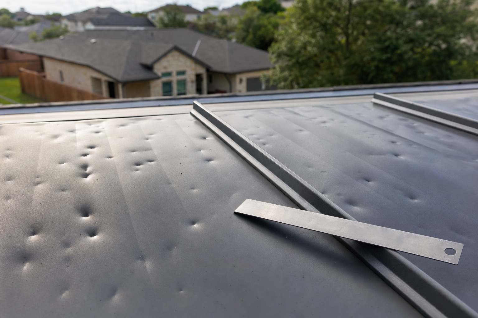 Close-up inspection of hail dents on a standing seam metal roof panel with tape measure for scale