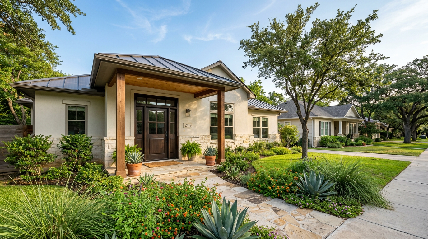 Beautiful modern home exterior featuring a newly installed energy-efficient fiberglass front door