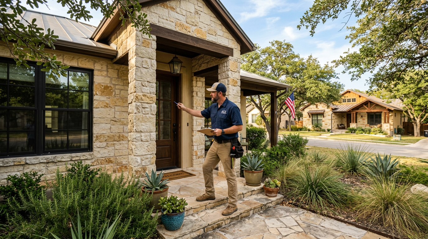 HVAC technician or home contractor inspecting a residential front door frame for air leaks and energy loss