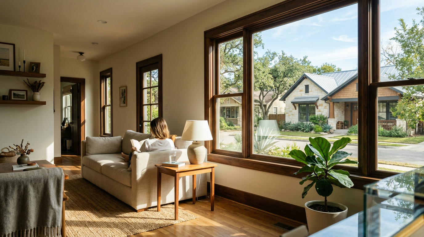 Intense afternoon sunlight beaming through a living room window in a comfortable home