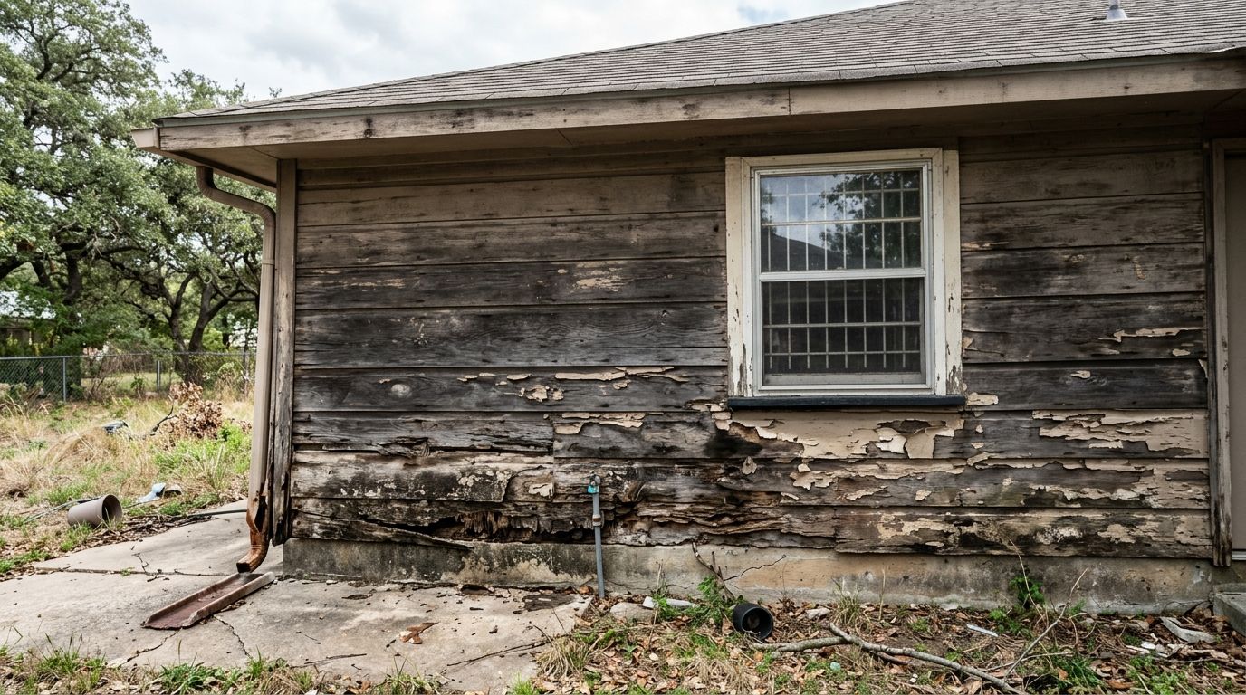 Severely rotted and peeling wood siding on the back exterior wall of a suburban home