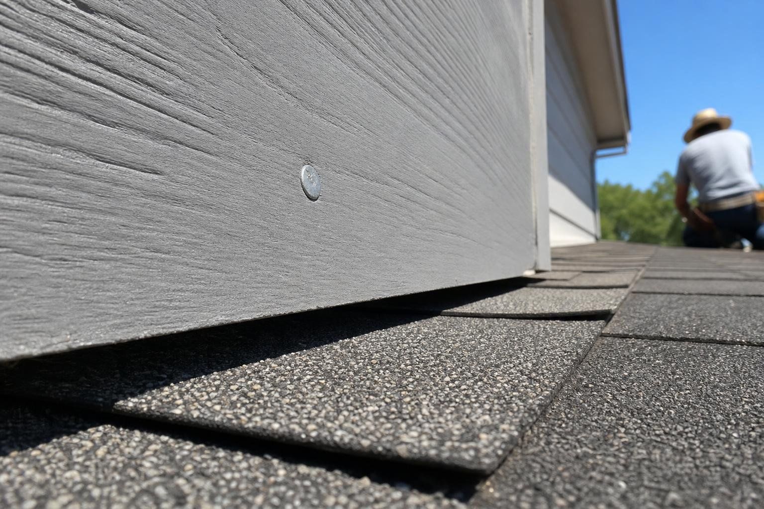 Close-up of a gray fiber cement plank bottom edge sitting above a shingled roof with a clean, visible gap, one flush nail head in focus