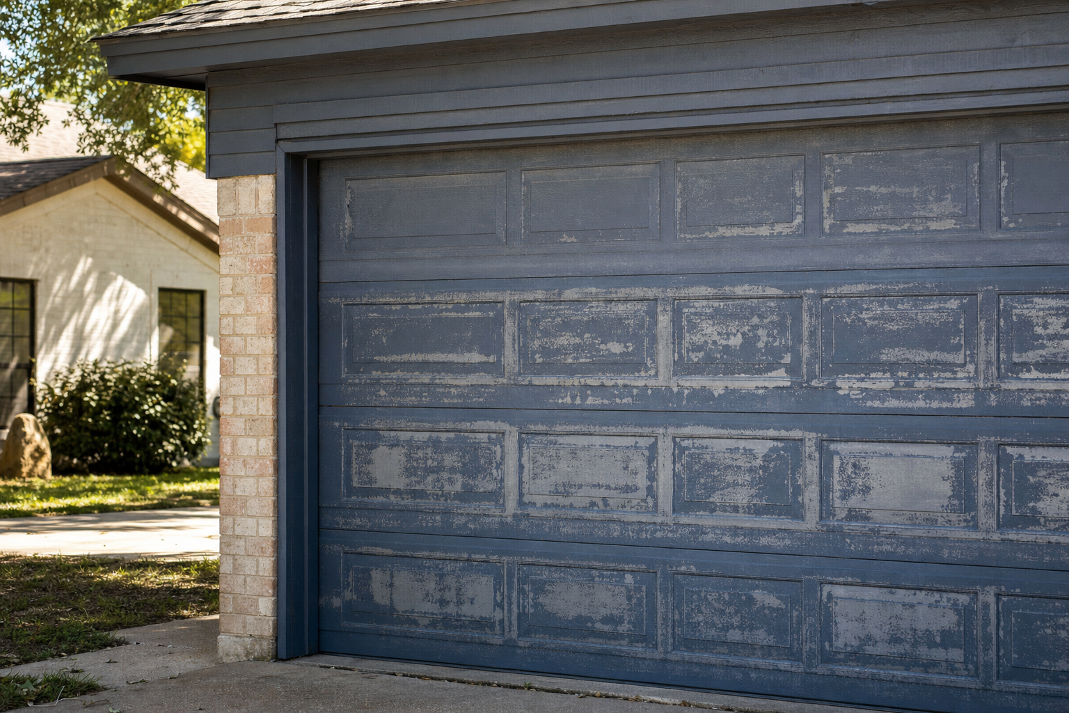 Close-up of a faded and sun-damaged garage door on a Cedar Park home showing wear from Texas heat.