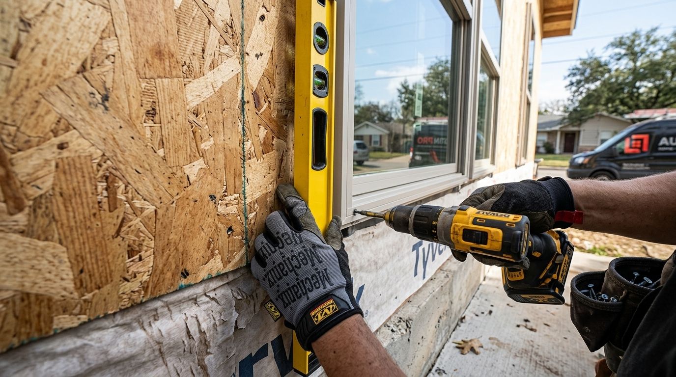 Close-up of a contractor's hands using a level and drill to install a new energy-efficient window frame.