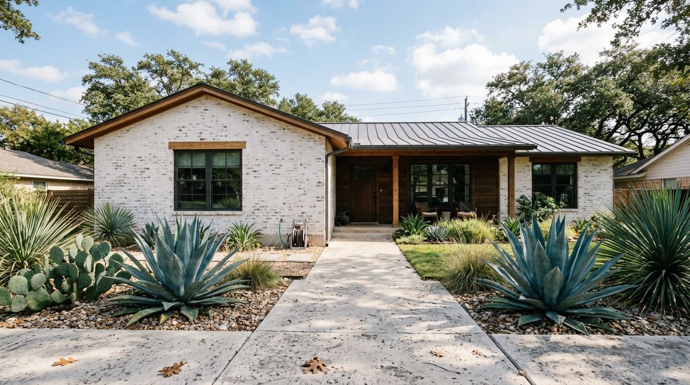 Beautiful modern farmhouse exterior featuring a breathable white limewash brick finish and native landscaping