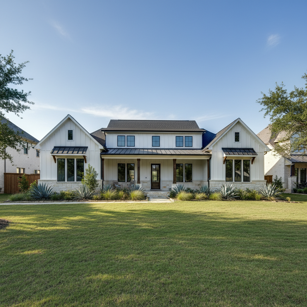 Modern white farmhouse style home with sleek black window frames and green grass