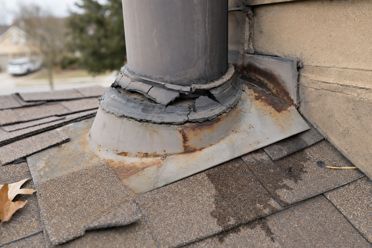 Close-up of damaged roof flashing and pipe boot with cracked sealant and lifted shingles showing water intrusion