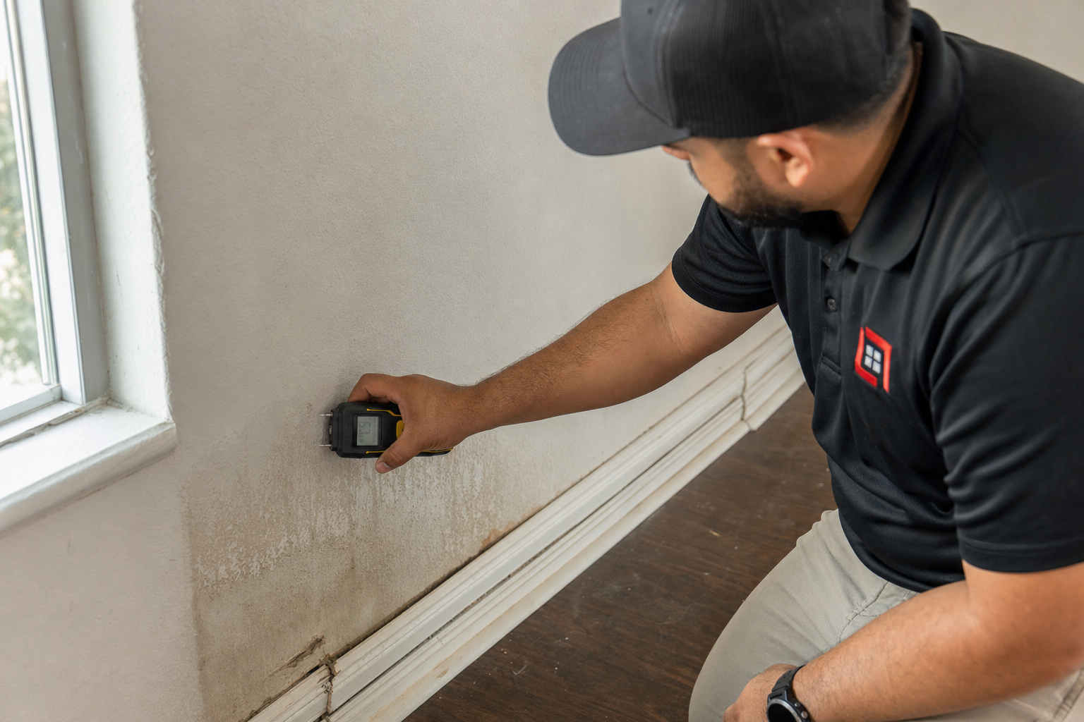 Contractor using a moisture meter to inspect a damp interior wall and baseboard for water damage