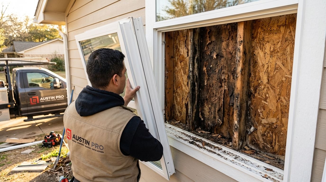 Contractor removing a window frame to reveal dark rotted OSB wood sheathing and hidden moisture damage