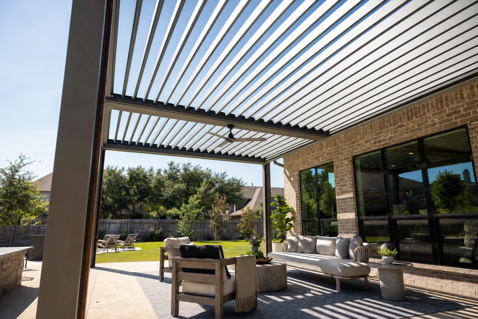 Motorized louvered pergola with open aluminum blades over a backyard patio in sunlight