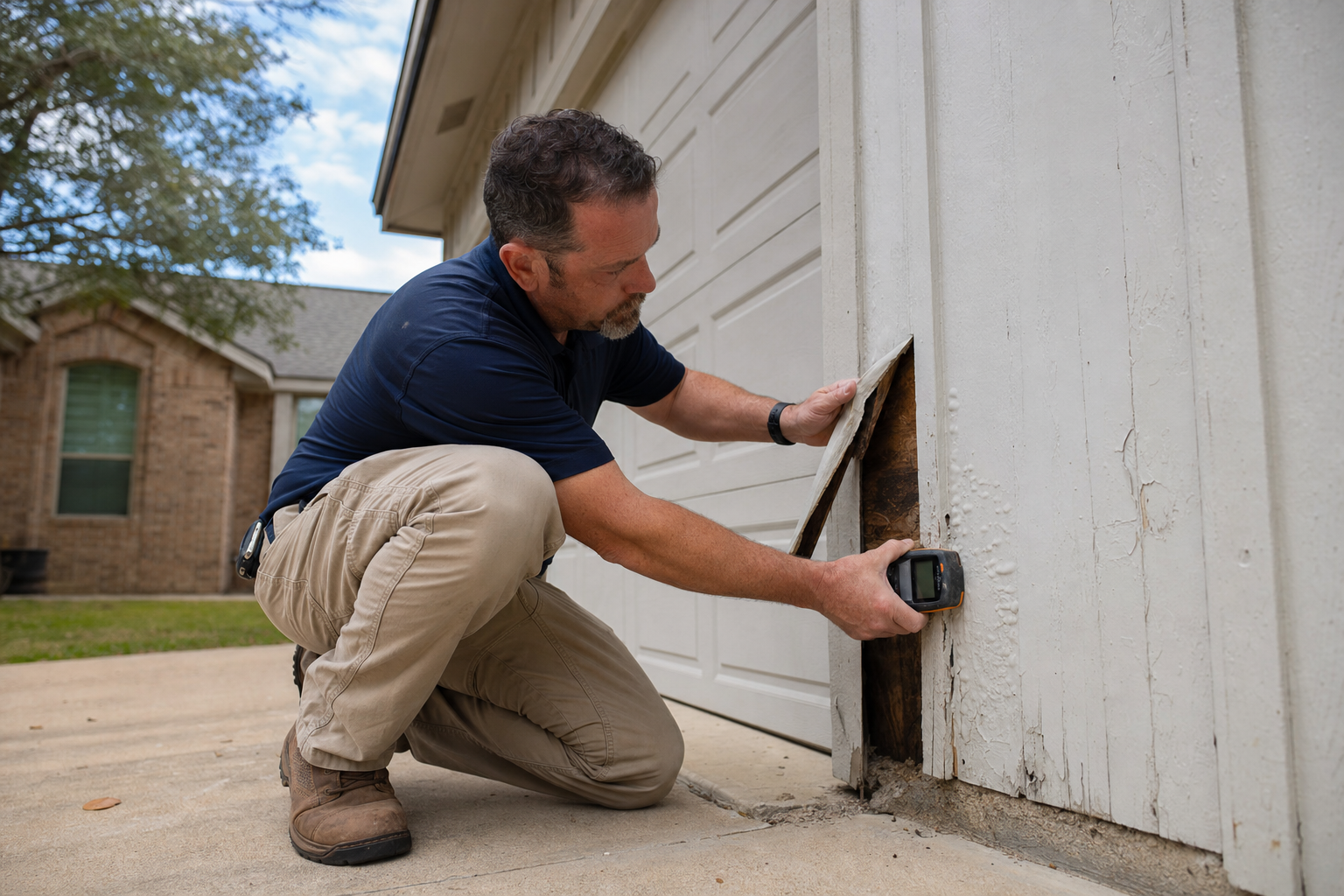 Home inspector using a moisture meter on an exterior wall and checking hidden moisture damage behind siding near a garage.
