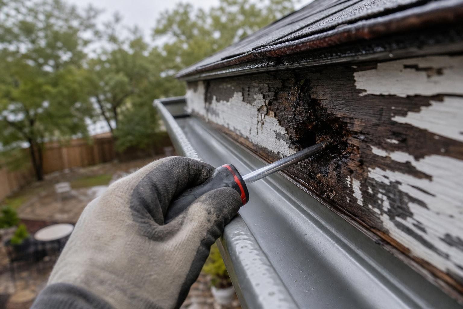 A hand pushing a screwdriver into a stained, rotting fascia board behind a gutter.