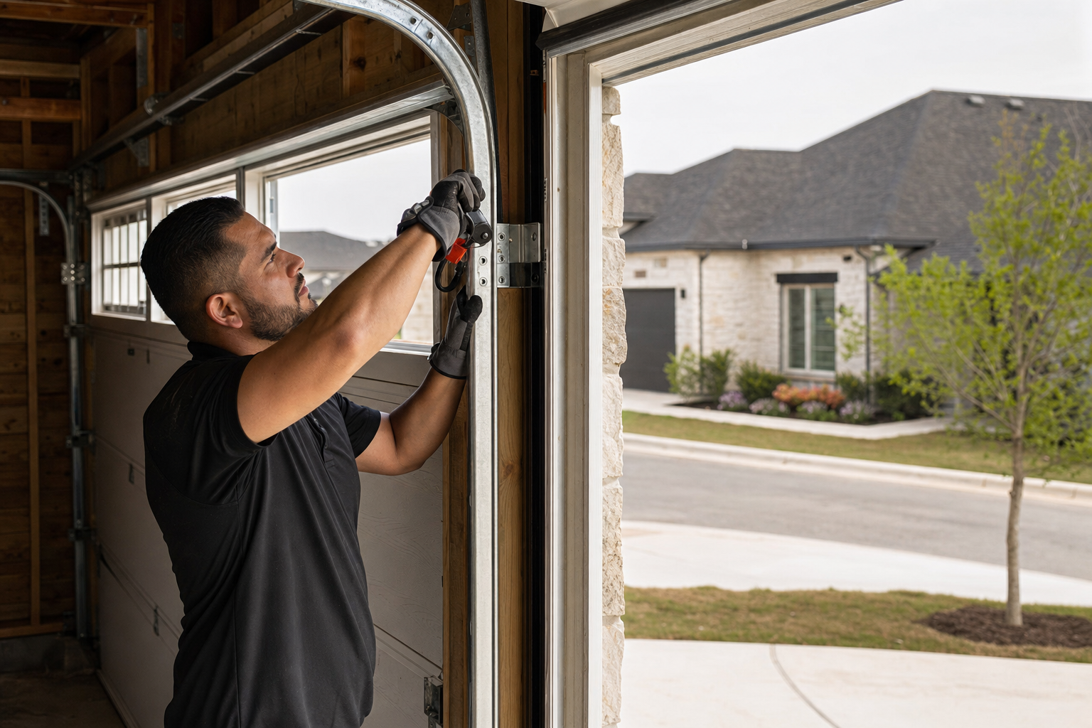 Professional contractor setting garage door tracks during installation