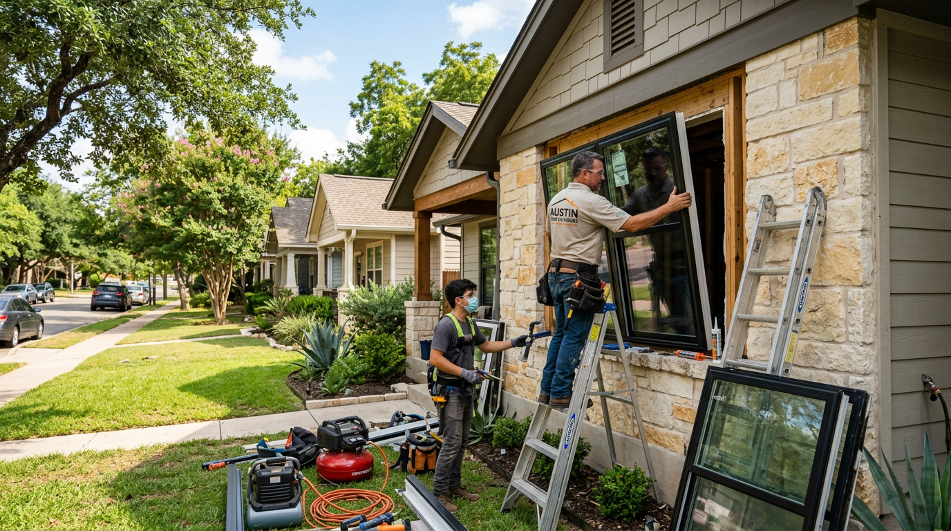 Professional contractor installing a new energy-efficient window on a house exterior