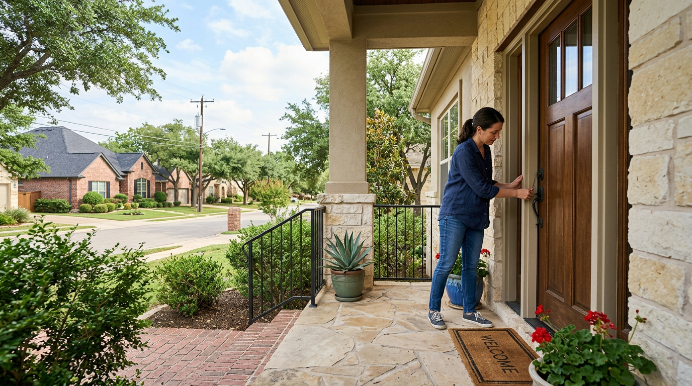 Homeowner inspecting an aging residential entry door for drafts and worn weatherstripping