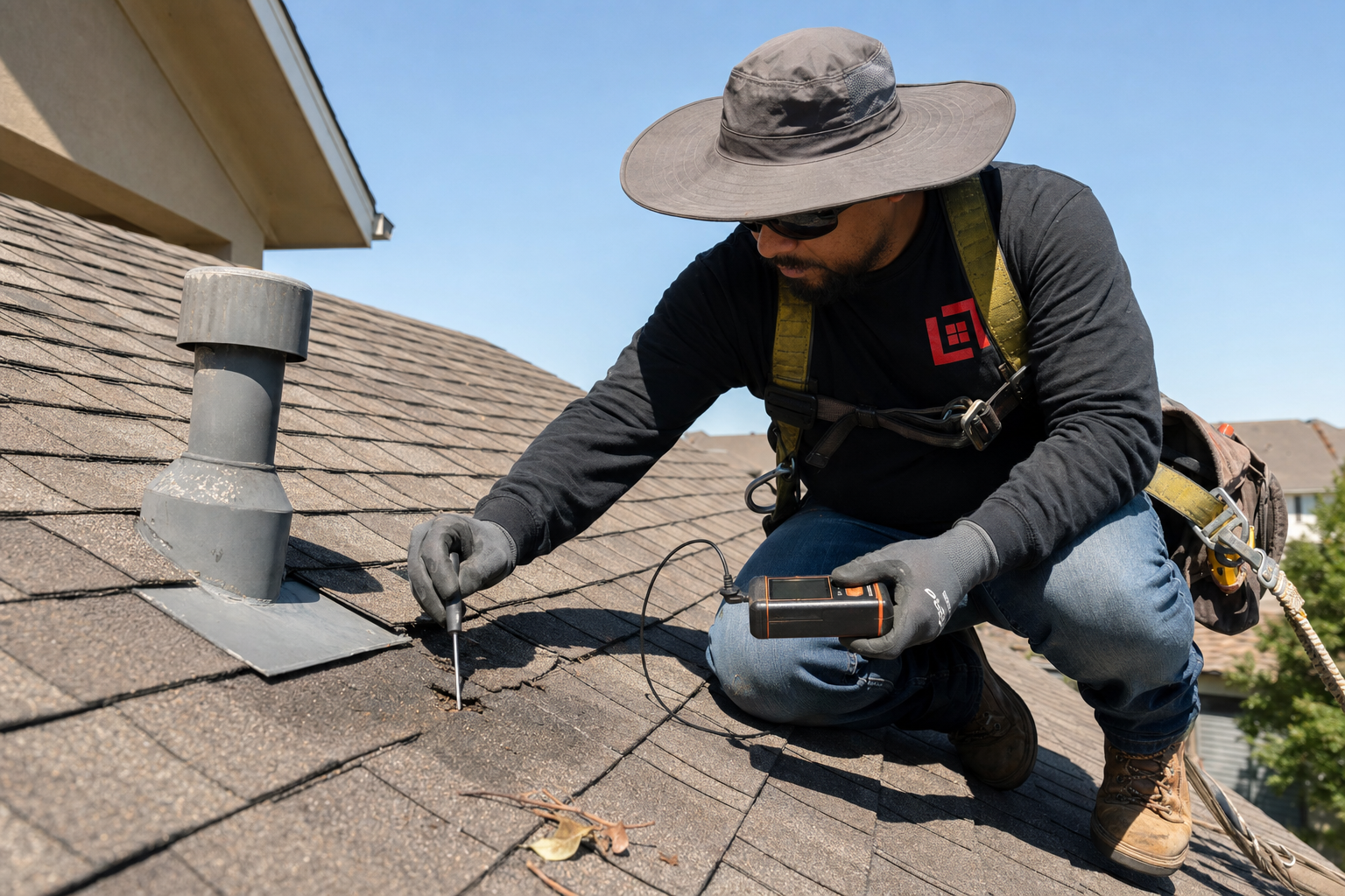 Roofer inspecting a residential roof for soft decking and moisture damage in Austin, Texas summer