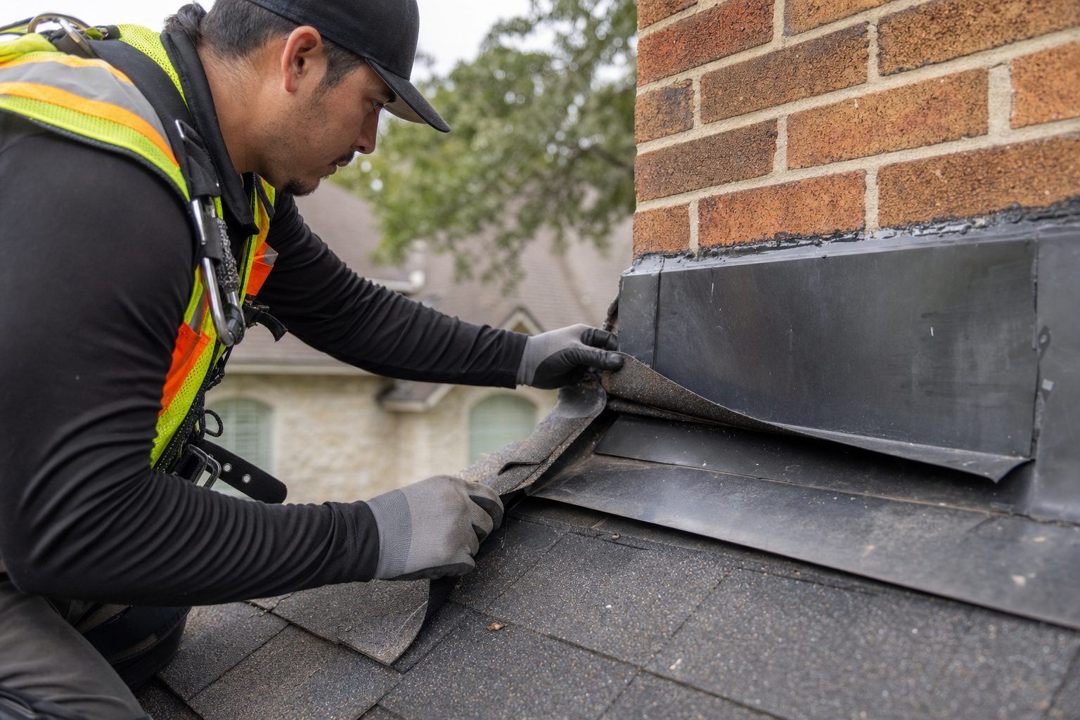 Close-up of roofer inspecting step flashing at a brick chimney with shingles lifted to show flashing seam