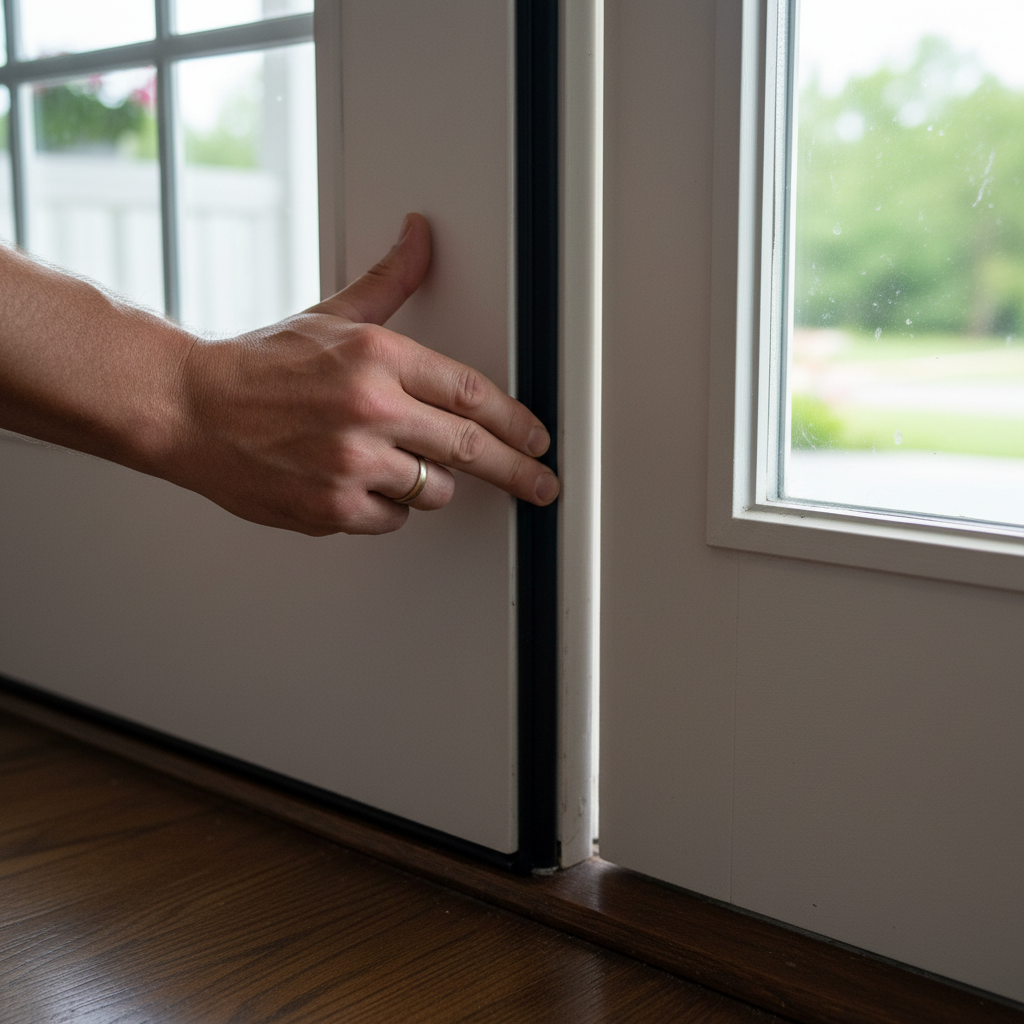 A homeowner inspecting the weatherstripping seal on their front door to check for air leaks and warping