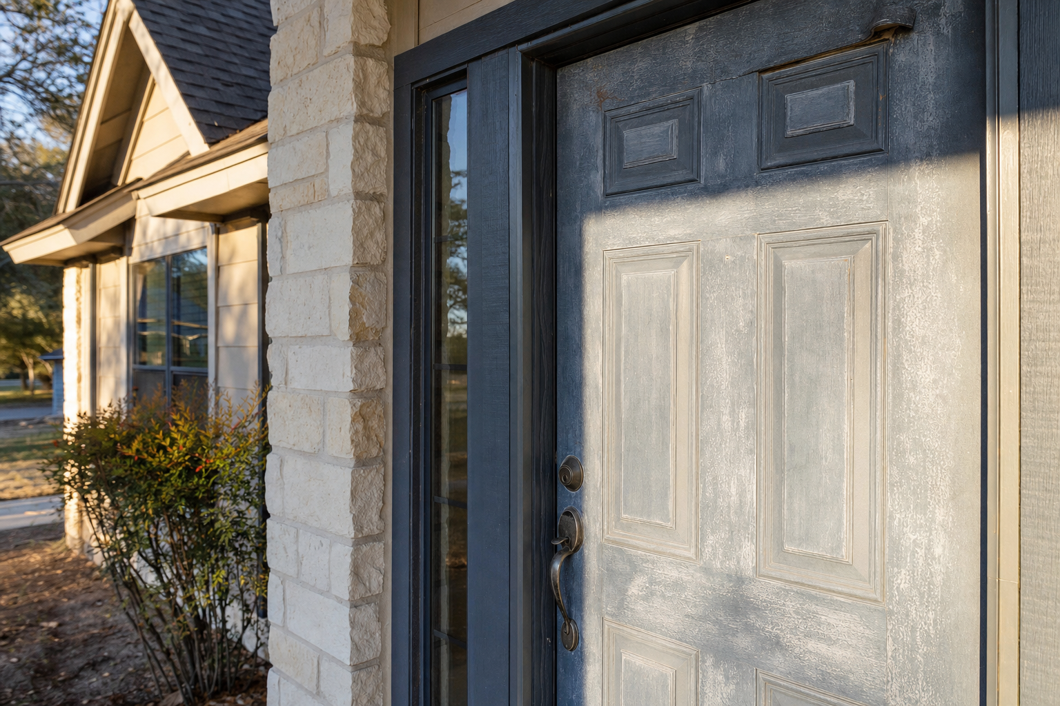 West-facing front door in Austin suburb with faded, sun-worn finish and direct afternoon sunlight