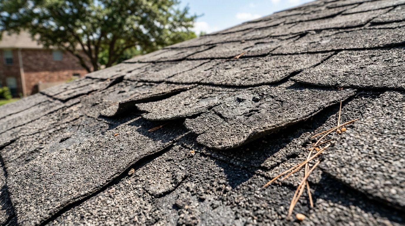 Close-up of blistered and curled asphalt roof shingles damaged by extreme attic heat