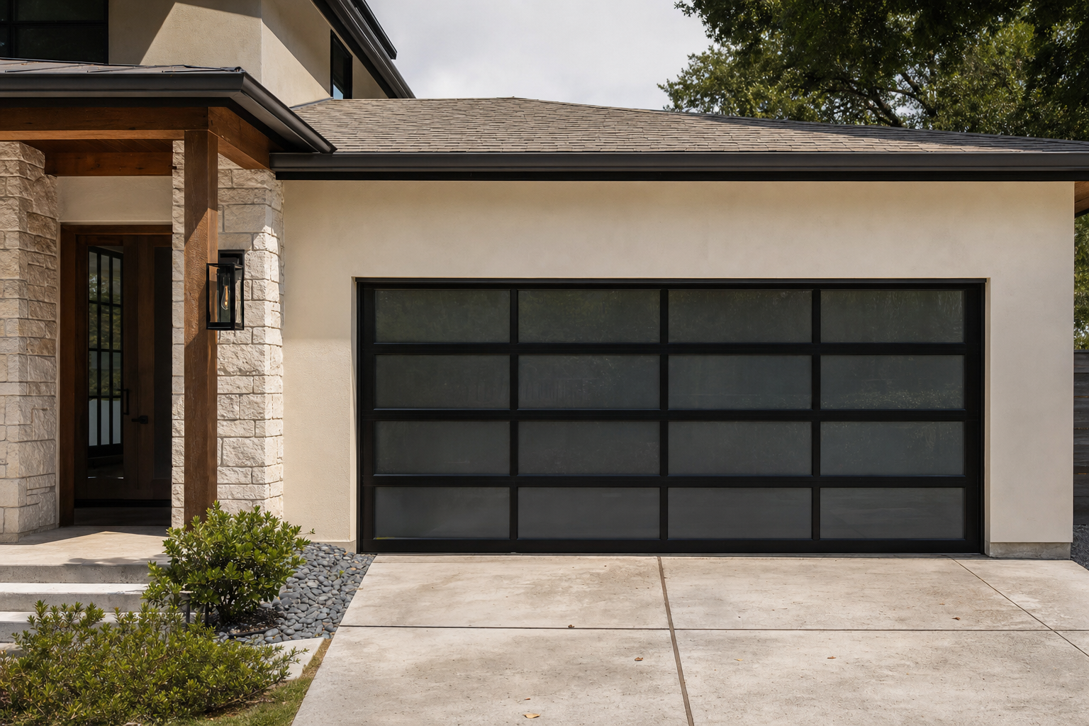 Modern insulated steel garage door boosting curb appeal on a suburban home