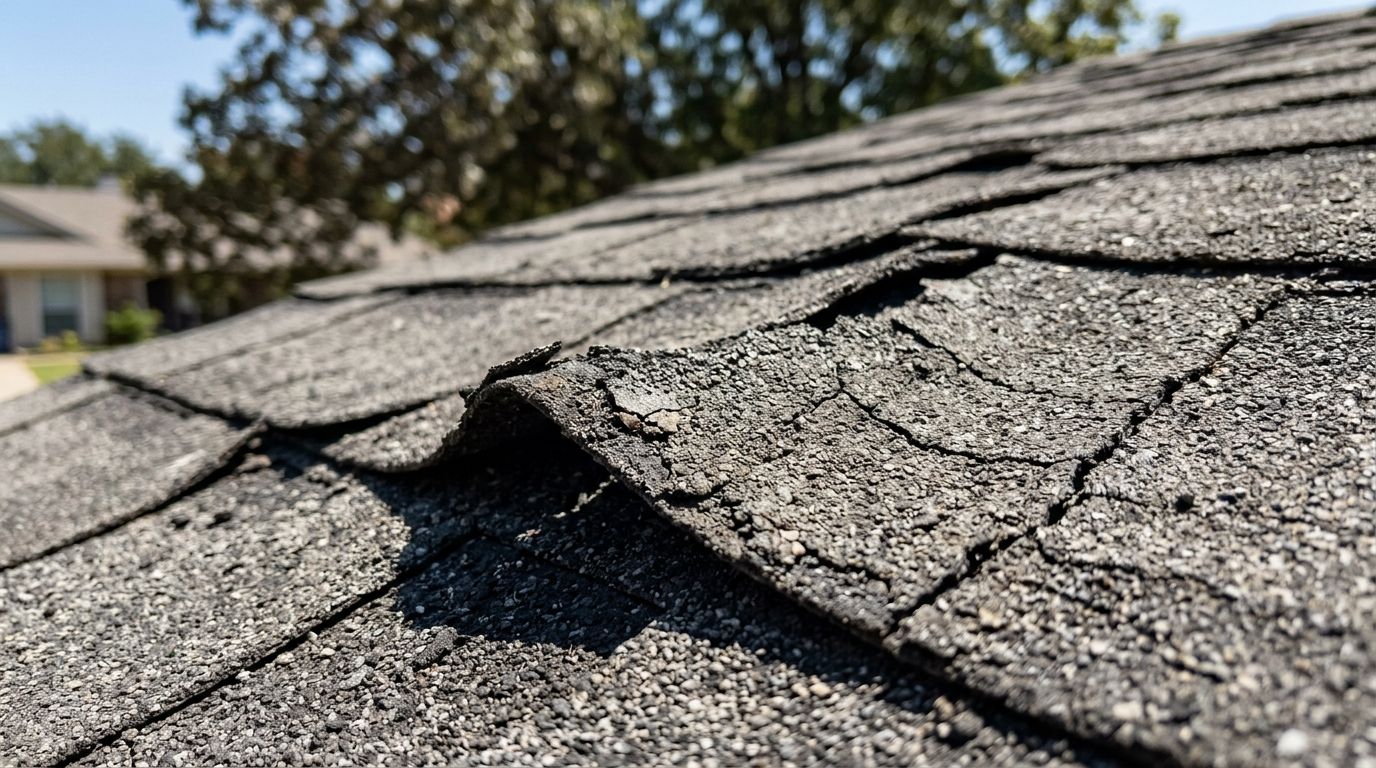 Close-up of heat-damaged, cracked, and curling asphalt roof shingles baking in the Texas sun