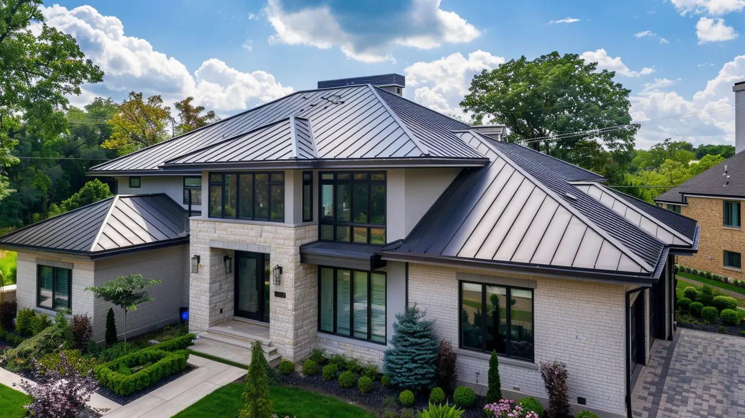 A modern two-story house with a metal roof, large windows, and landscaped gardens