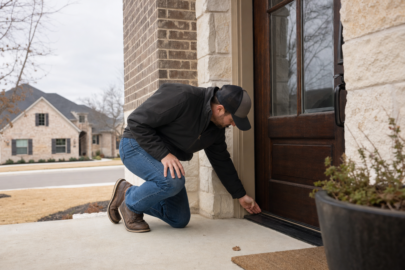 Homeowner inspecting a draft at the door sweep and threshold during a winter energy check