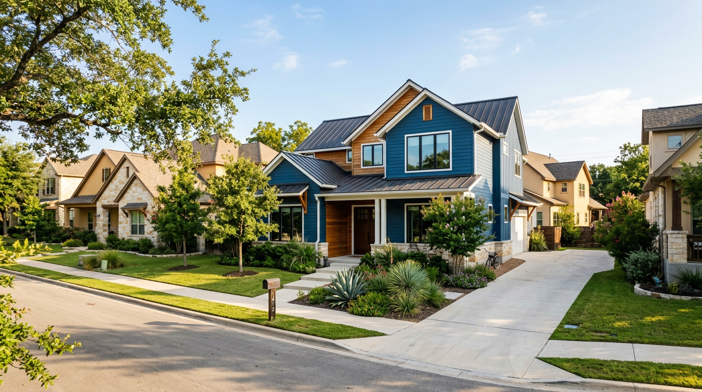 Renovated Austin home exterior featuring blue fiber cement siding and excellent curb appeal