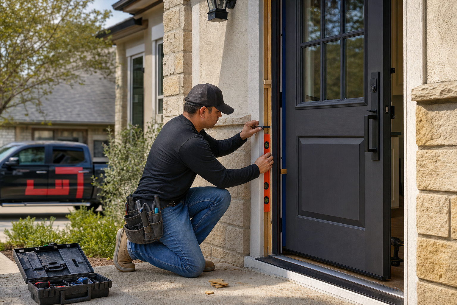 Contractor installing a new fiberglass entry door with level and shims for improved curb appeal