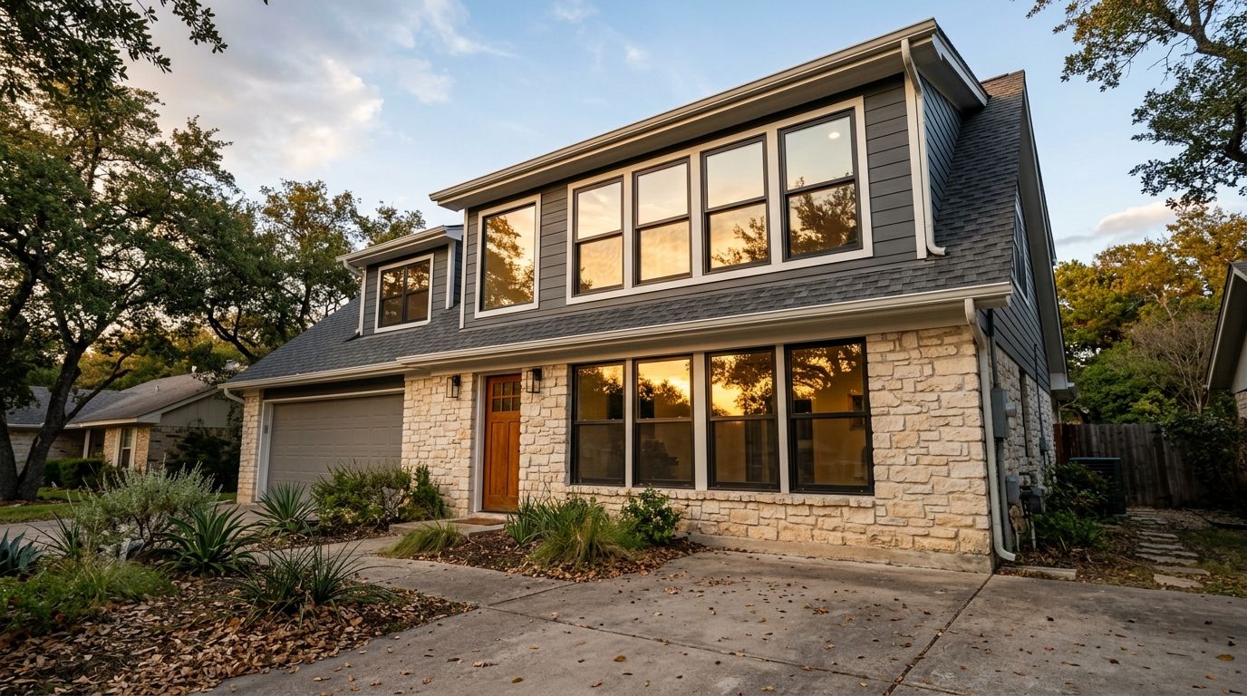 Beautifully installed energy efficient replacement windows on a suburban Austin Texas home at golden hour