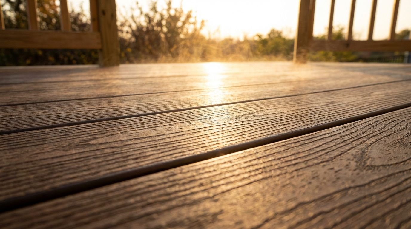 Close up of textured composite decking boards absorbing direct summer sunlight in a backyard