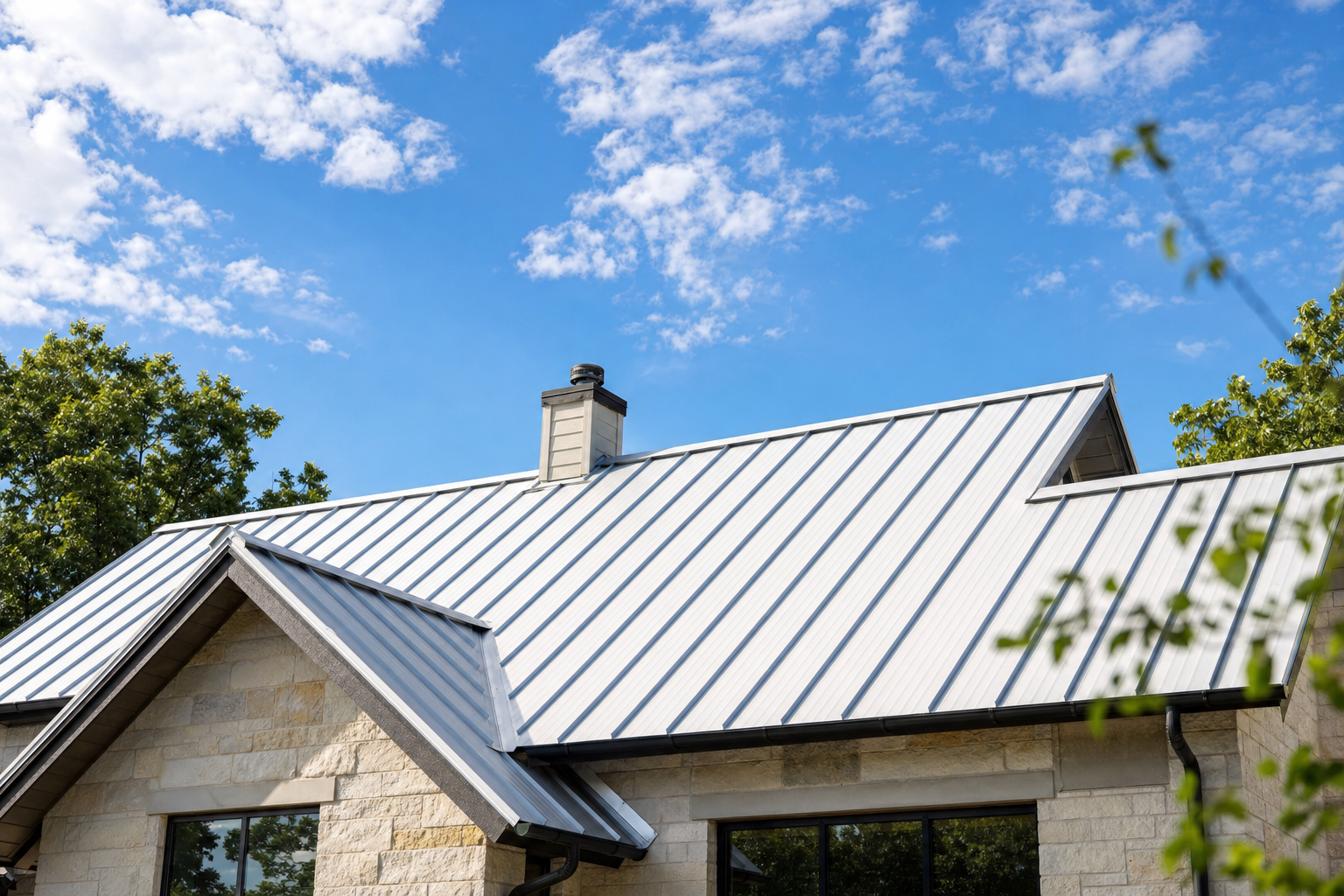 Light-colored standing seam metal roof in bright Texas sun showing reflective, energy-efficient finish