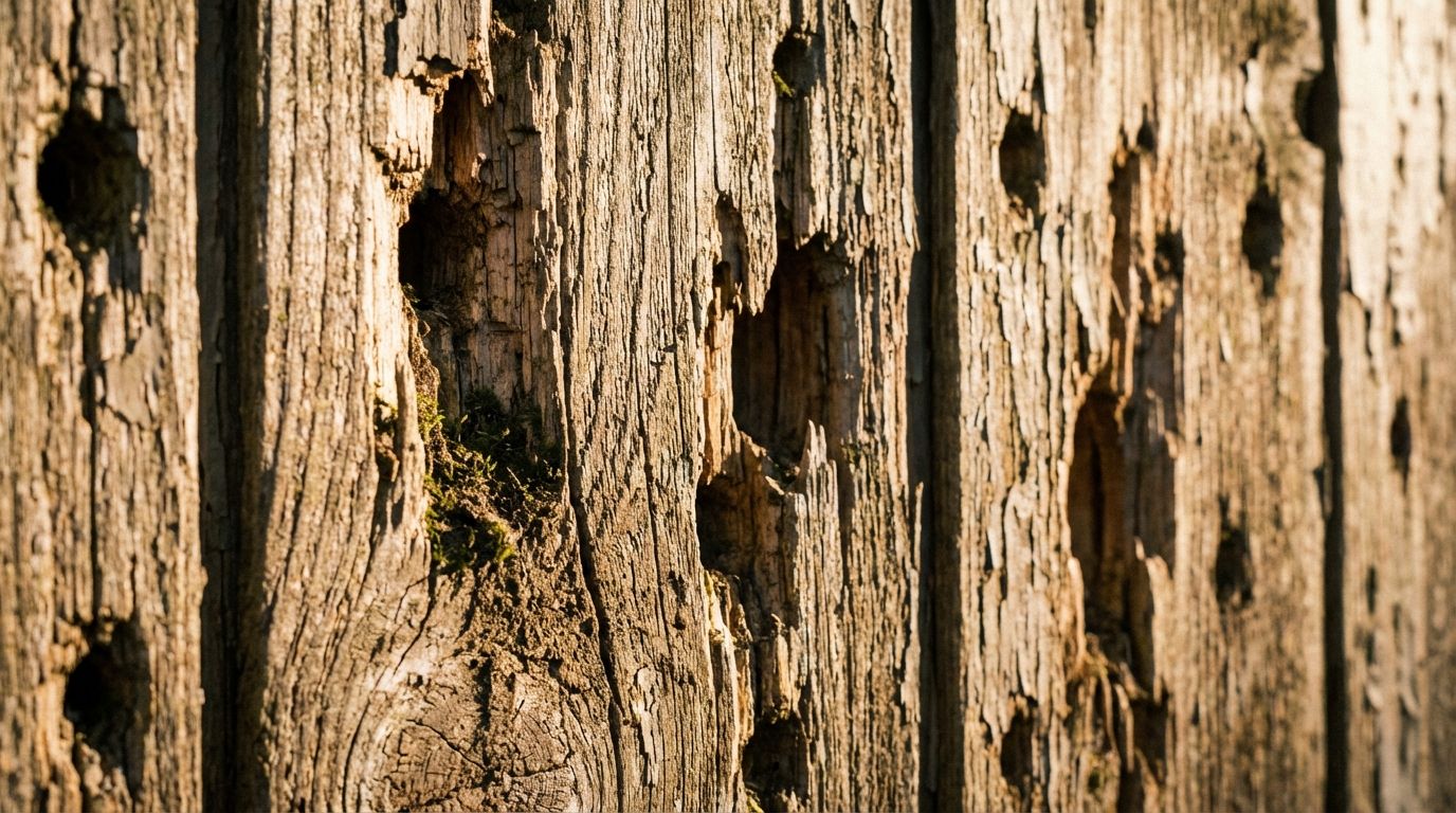 Close-up view of destructive woodpecker holes and splintered wood on cedar home siding