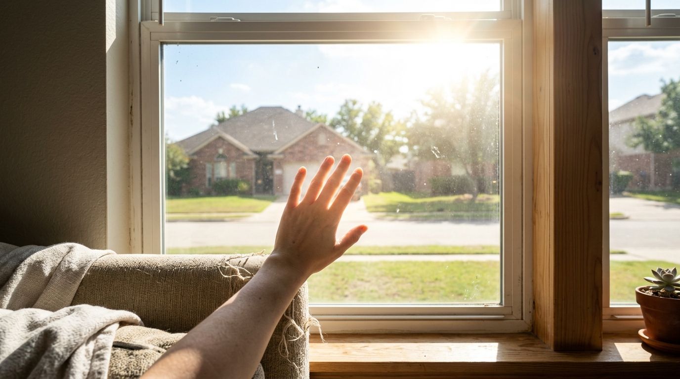 Homeowner holding hand near window glass to feel the intense radiant heat leaking into the house