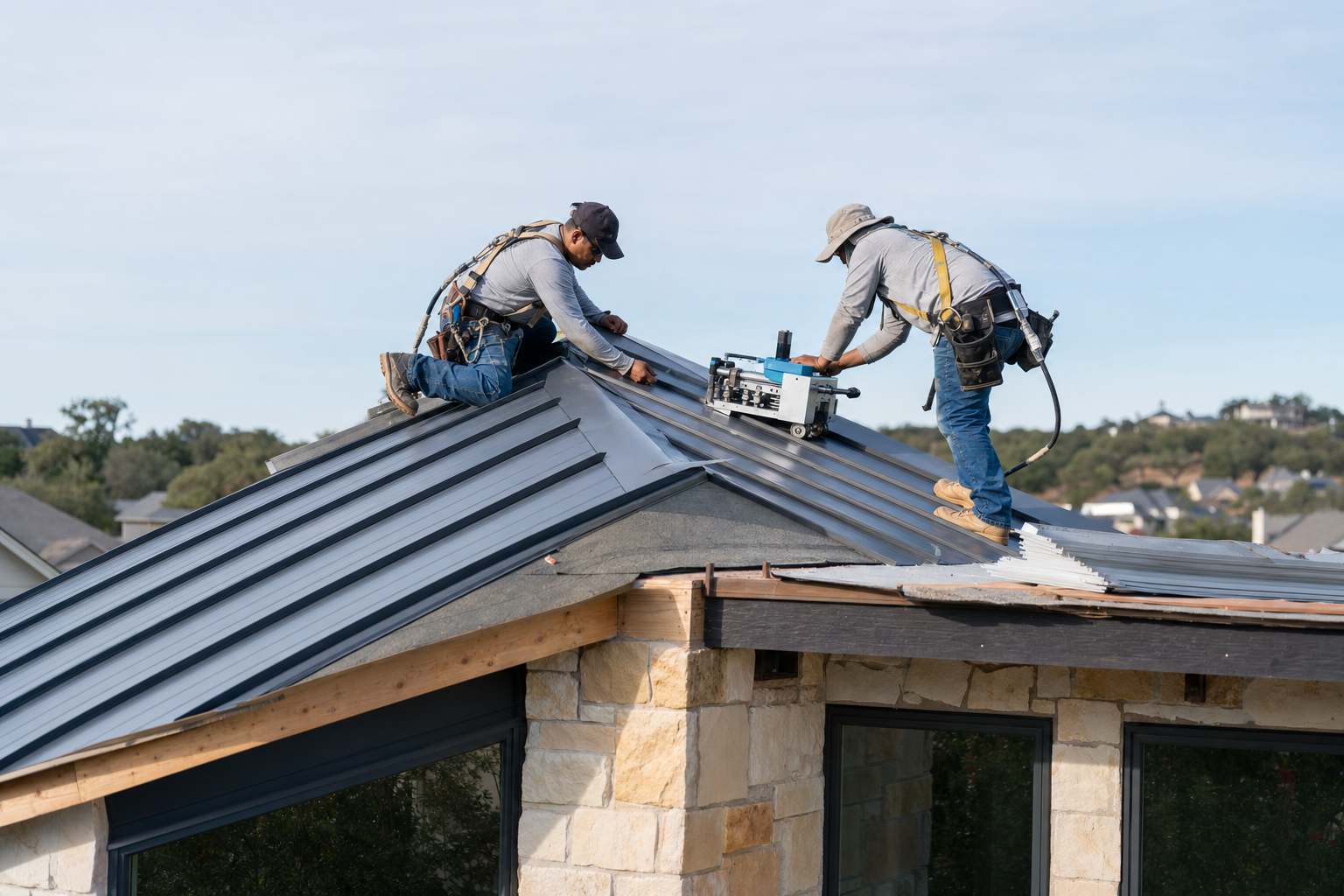 Roofing crew installing standing seam metal panels on a residential home in Austin, Texas