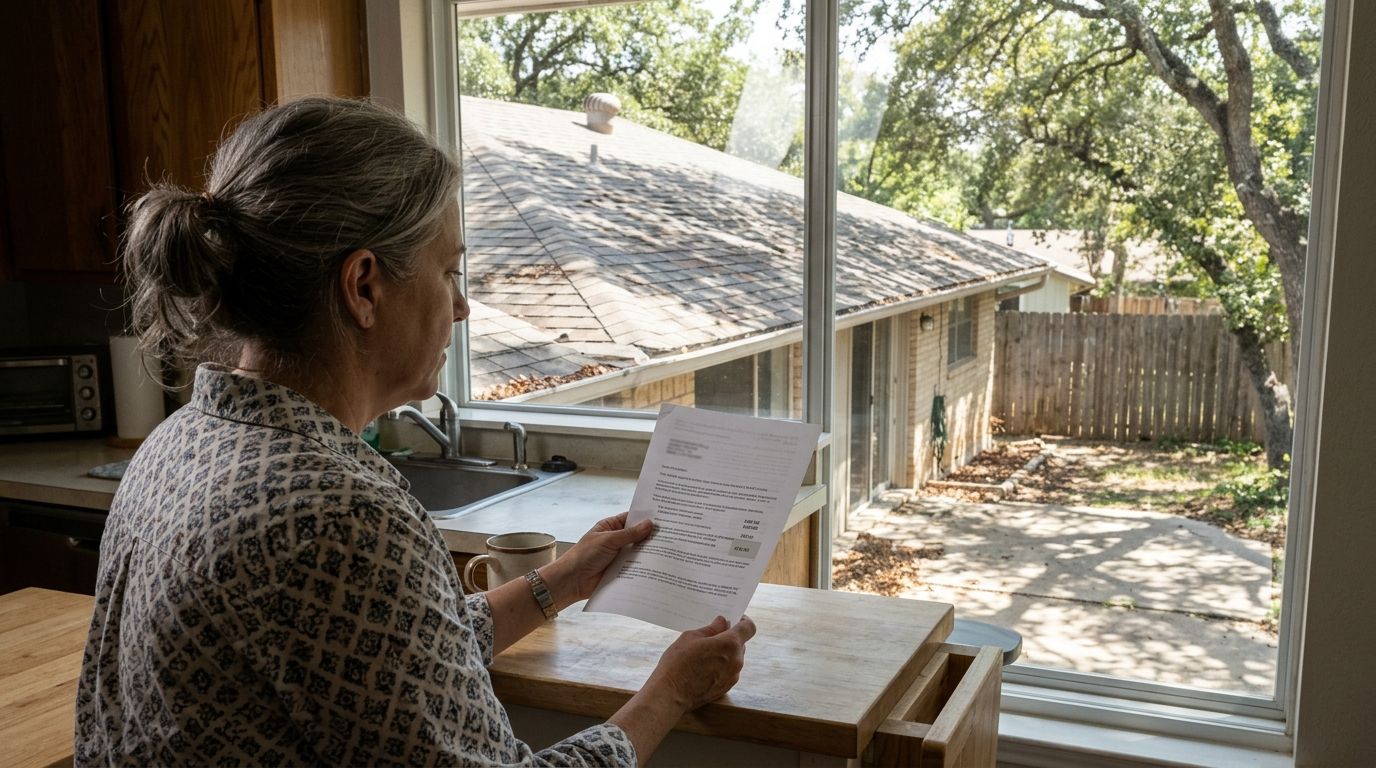 Concerned Texas homeowner reading a steep insurance renewal letter at their kitchen table